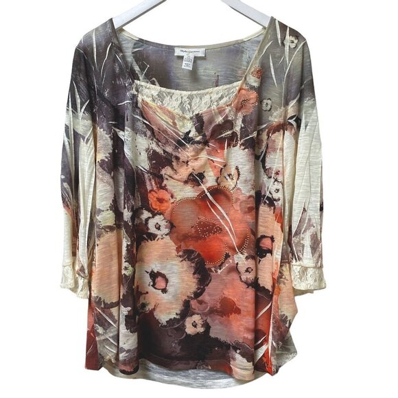Style & Co, Womens Top Plus Size 2X  Gray Red Floral 3/4 Sleeve Lace Trim - Picture 1 of 8